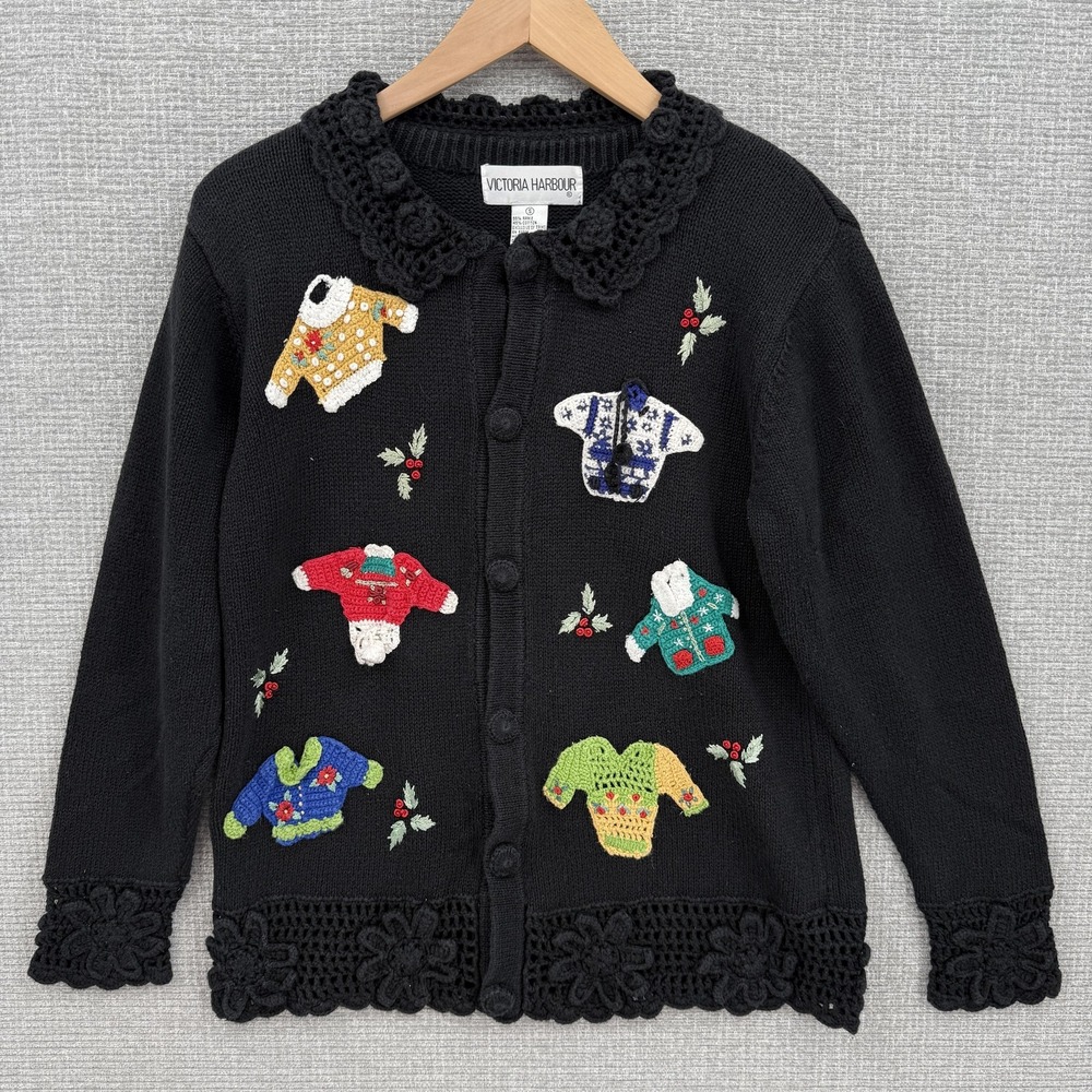 Vintage Victoria Harbour Sweater Womens Small Black Holiday Cardigan Ugly 90s